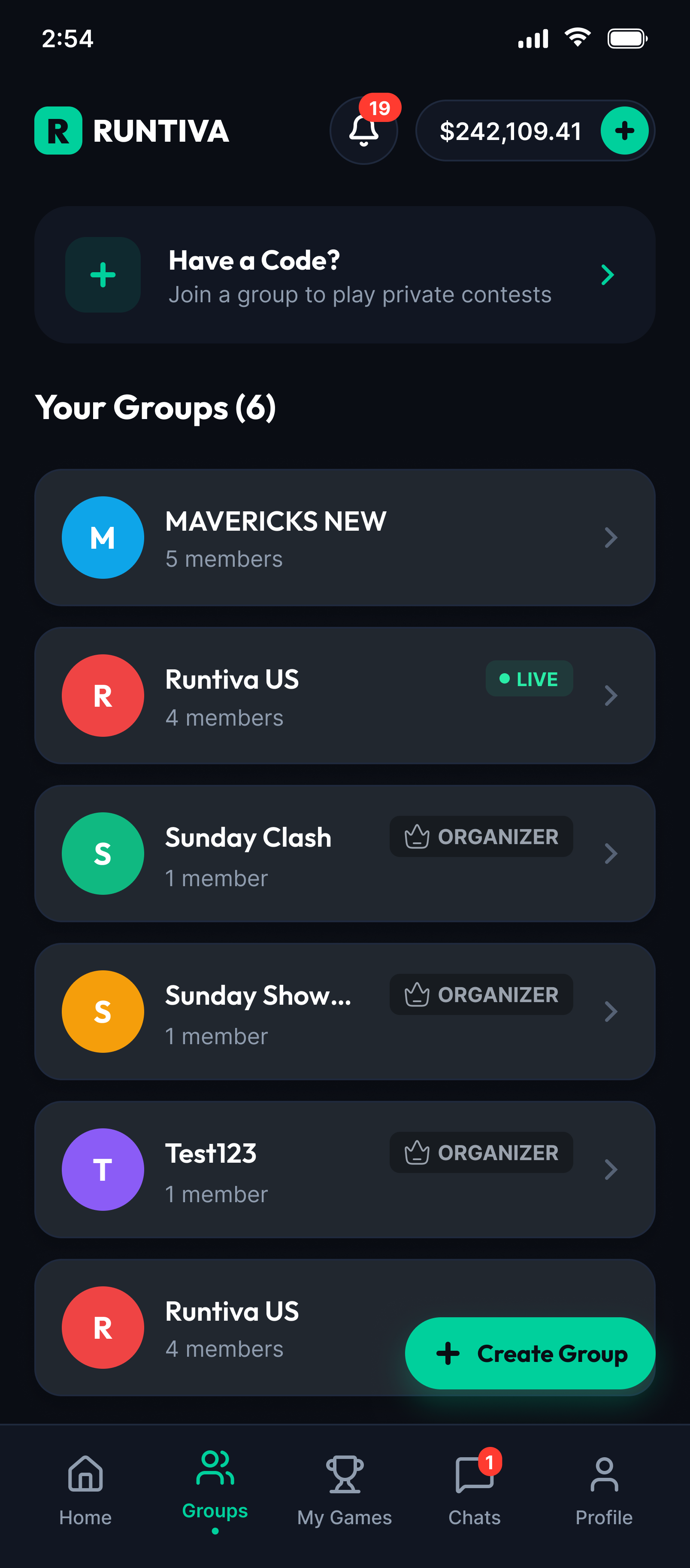Runtiva Groups screen: a 'Have a code?' join card, a list of six groups with LIVE and ORGANIZER badges, a Create Group button and the bottom navigation.